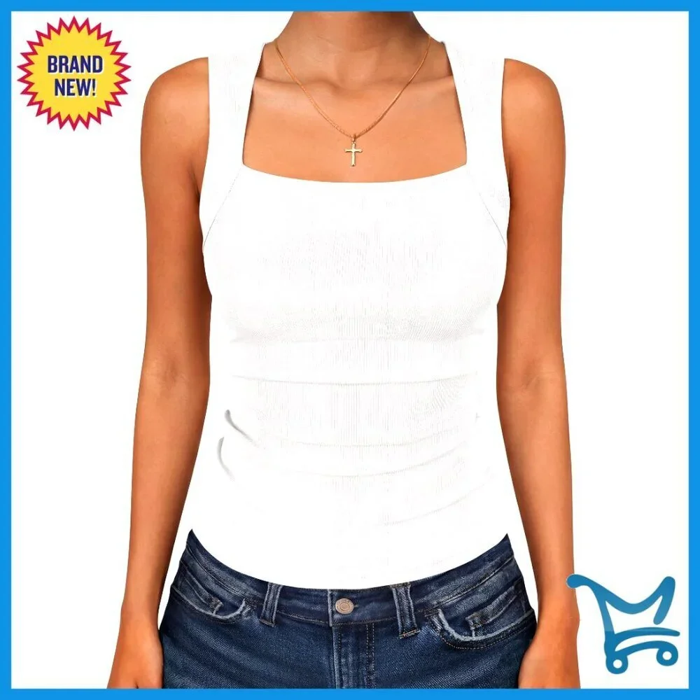 Square Neck Tank Top Slim Fit Knit Summer Basic Tee Sleeveless Chic Casual